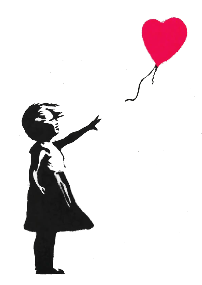 Stencil of a girl reaching for a heart-shaped balloon